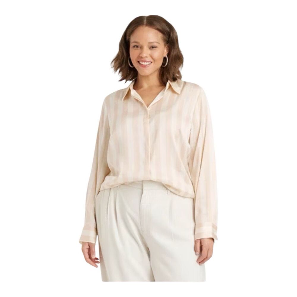 A New Day Satin Button Down Shirt XXL NWT Long Sleeve Hi Low Career Blouse